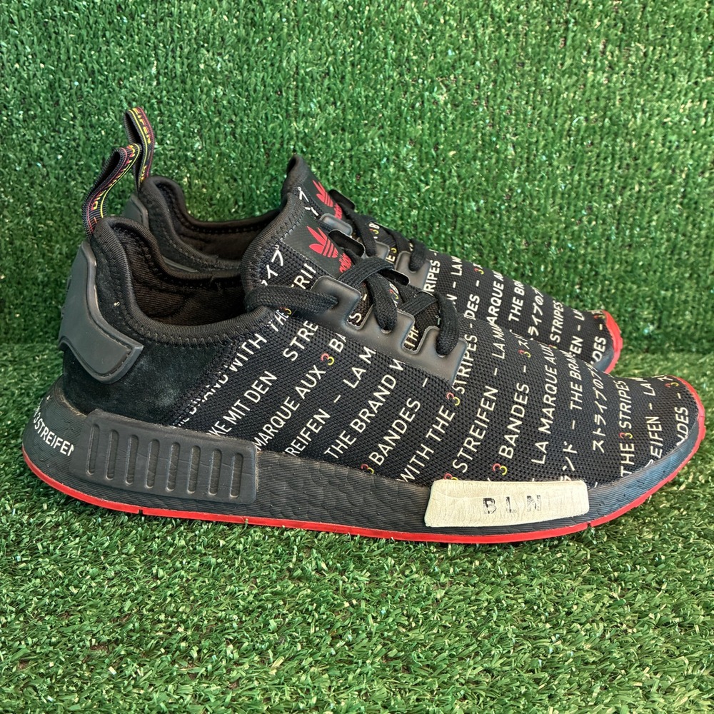 Adidas NMD R1 The Brand With 3 Stripes Script Sneakers Black Red Mens Size 10.5